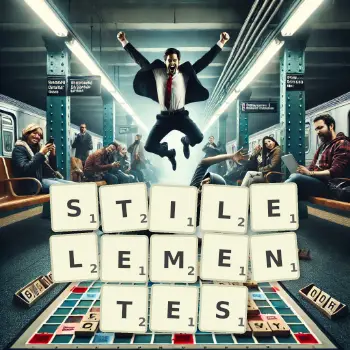 Kreative Illustration für ein Scrabble-Spiel, bei dem das Wort STILELEMENTES mit Steinen auf dem Brett gelegt wurde.