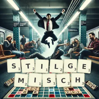 Kreative Illustration für ein Scrabble-Spiel, bei dem das Wort STILGEMISCH mit Steinen auf dem Brett gelegt wurde.