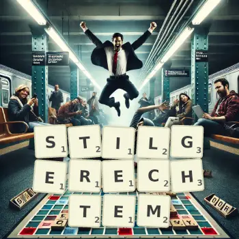 Kreative Illustration für ein Scrabble-Spiel, bei dem das Wort STILGERECHTEM mit Steinen auf dem Brett gelegt wurde.