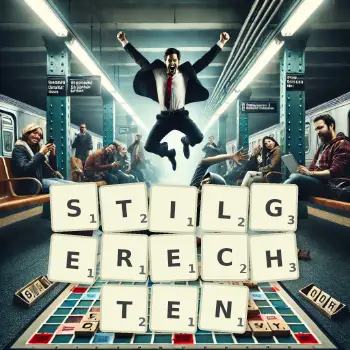 Kreative Illustration für ein Scrabble-Spiel, bei dem das Wort STILGERECHTEN mit Steinen auf dem Brett gelegt wurde.