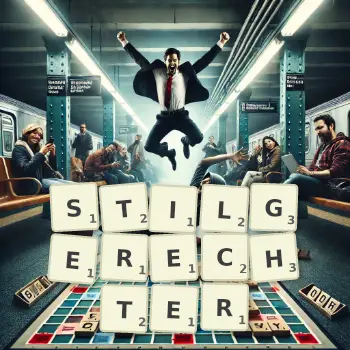 Kreative Illustration für ein Scrabble-Spiel, bei dem das Wort STILGERECHTER mit Steinen auf dem Brett gelegt wurde.