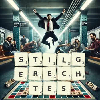 Kreative Illustration für ein Scrabble-Spiel, bei dem das Wort STILGERECHTES mit Steinen auf dem Brett gelegt wurde.