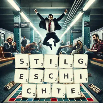 Kreative Illustration für ein Scrabble-Spiel, bei dem das Wort STILGESCHICHTE mit Steinen auf dem Brett gelegt wurde.