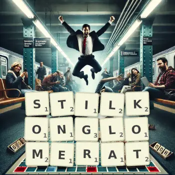 Kreative Illustration für ein Scrabble-Spiel, bei dem das Wort STILKONGLOMERAT mit Steinen auf dem Brett gelegt wurde.