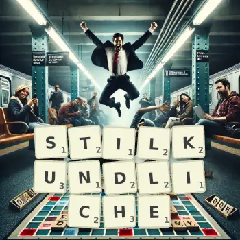 Kreative Illustration für ein Scrabble-Spiel, bei dem das Wort STILKUNDLICHE mit Steinen auf dem Brett gelegt wurde.