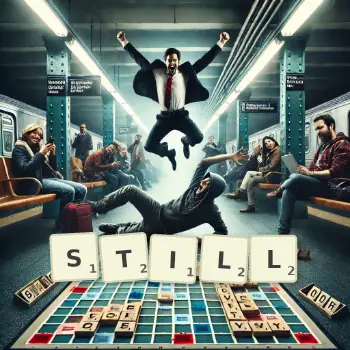 Kreative Illustration für ein Scrabble-Spiel, bei dem das Wort STILL mit Steinen auf dem Brett gelegt wurde.