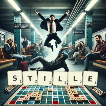 Kreative Illustration für ein Scrabble-Spiel, bei dem das Wort STILLE mit Steinen auf dem Brett gelegt wurde.