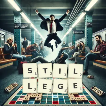 Kreative Illustration für ein Scrabble-Spiel, bei dem das Wort STILLEGE mit Steinen auf dem Brett gelegt wurde.