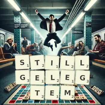 Kreative Illustration für ein Scrabble-Spiel, bei dem das Wort STILLGELEGTEM mit Steinen auf dem Brett gelegt wurde.