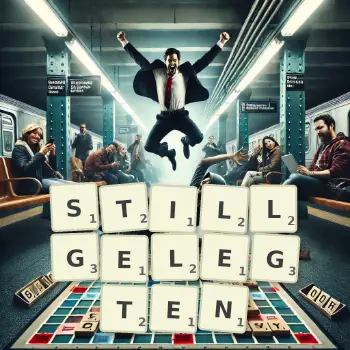 Kreative Illustration für ein Scrabble-Spiel, bei dem das Wort STILLGELEGTEN mit Steinen auf dem Brett gelegt wurde.