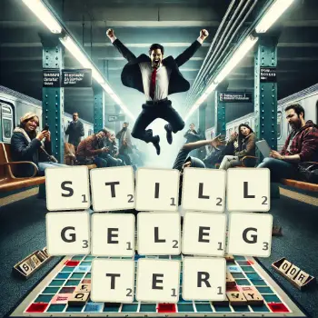Kreative Illustration für ein Scrabble-Spiel, bei dem das Wort STILLGELEGTER mit Steinen auf dem Brett gelegt wurde.