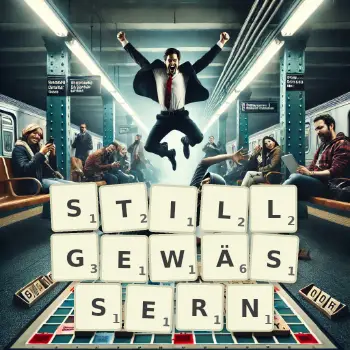 Kreative Illustration für ein Scrabble-Spiel, bei dem das Wort STILLGEWÄSSERN mit Steinen auf dem Brett gelegt wurde.