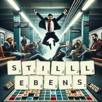 Kreative Illustration für ein Scrabble-Spiel, bei dem das Wort STILLLEBENS mit Steinen auf dem Brett gelegt wurde.
