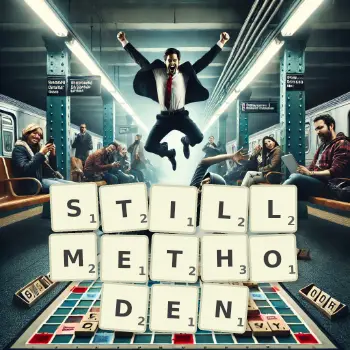 Kreative Illustration für ein Scrabble-Spiel, bei dem das Wort STILLMETHODEN mit Steinen auf dem Brett gelegt wurde.