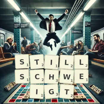 Kreative Illustration für ein Scrabble-Spiel, bei dem das Wort STILLSCHWEIGT mit Steinen auf dem Brett gelegt wurde.