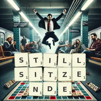 Kreative Illustration für ein Scrabble-Spiel, bei dem das Wort STILLSITZENDE mit Steinen auf dem Brett gelegt wurde.