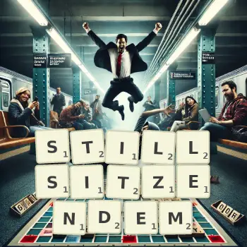 Kreative Illustration für ein Scrabble-Spiel, bei dem das Wort STILLSITZENDEM mit Steinen auf dem Brett gelegt wurde.