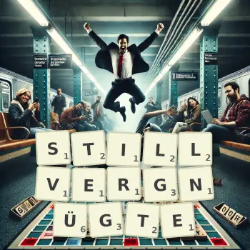 Kreative Illustration für ein Scrabble-Spiel, bei dem das Wort STILLVERGNÜGTE mit Steinen auf dem Brett gelegt wurde.