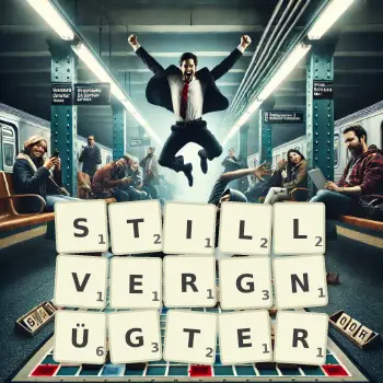Kreative Illustration für ein Scrabble-Spiel, bei dem das Wort STILLVERGNÜGTER mit Steinen auf dem Brett gelegt wurde.
