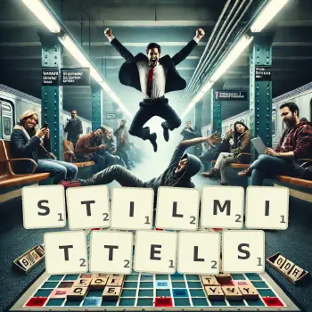 Kreative Illustration für ein Scrabble-Spiel, bei dem das Wort STILMITTELS mit Steinen auf dem Brett gelegt wurde.