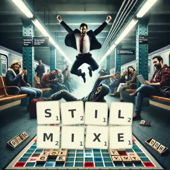 Kreative Illustration für ein Scrabble-Spiel, bei dem das Wort STILMIXE mit Steinen auf dem Brett gelegt wurde.