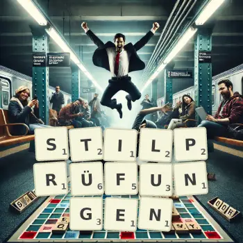 Kreative Illustration für ein Scrabble-Spiel, bei dem das Wort STILPRÜFUNGEN mit Steinen auf dem Brett gelegt wurde.