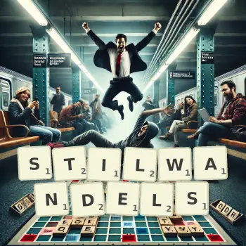 Kreative Illustration für ein Scrabble-Spiel, bei dem das Wort STILWANDELS mit Steinen auf dem Brett gelegt wurde.