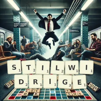 Kreative Illustration für ein Scrabble-Spiel, bei dem das Wort STILWIDRIGE mit Steinen auf dem Brett gelegt wurde.