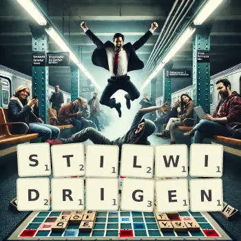 Kreative Illustration für ein Scrabble-Spiel, bei dem das Wort STILWIDRIGEN mit Steinen auf dem Brett gelegt wurde.