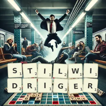 Kreative Illustration für ein Scrabble-Spiel, bei dem das Wort STILWIDRIGER mit Steinen auf dem Brett gelegt wurde.