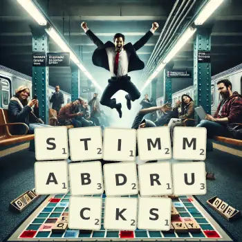 Kreative Illustration für ein Scrabble-Spiel, bei dem das Wort STIMMABDRUCKS mit Steinen auf dem Brett gelegt wurde.