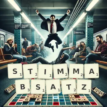 Kreative Illustration für ein Scrabble-Spiel, bei dem das Wort STIMMABSATZ mit Steinen auf dem Brett gelegt wurde.