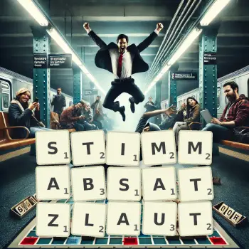 Kreative Illustration für ein Scrabble-Spiel, bei dem das Wort STIMMABSATZLAUT mit Steinen auf dem Brett gelegt wurde.