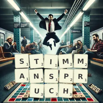 Kreative Illustration für ein Scrabble-Spiel, bei dem das Wort STIMMANSPRUCH mit Steinen auf dem Brett gelegt wurde.