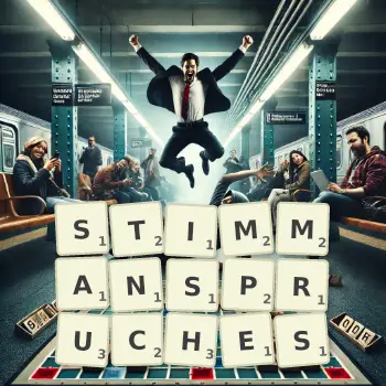 Kreative Illustration für ein Scrabble-Spiel, bei dem das Wort STIMMANSPRUCHES mit Steinen auf dem Brett gelegt wurde.
