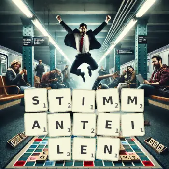 Kreative Illustration für ein Scrabble-Spiel, bei dem das Wort STIMMANTEILEN mit Steinen auf dem Brett gelegt wurde.