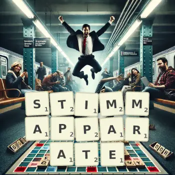 Kreative Illustration für ein Scrabble-Spiel, bei dem das Wort STIMMAPPARATE mit Steinen auf dem Brett gelegt wurde.