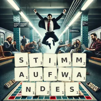 Kreative Illustration für ein Scrabble-Spiel, bei dem das Wort STIMMAUFWANDES mit Steinen auf dem Brett gelegt wurde.
