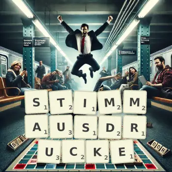 Kreative Illustration für ein Scrabble-Spiel, bei dem das Wort STIMMAUSDRUCKE mit Steinen auf dem Brett gelegt wurde.