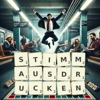 Kreative Illustration für ein Scrabble-Spiel, bei dem das Wort STIMMAUSDRUCKEN mit Steinen auf dem Brett gelegt wurde.