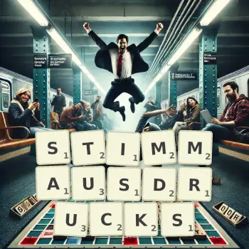 Kreative Illustration für ein Scrabble-Spiel, bei dem das Wort STIMMAUSDRUCKS mit Steinen auf dem Brett gelegt wurde.