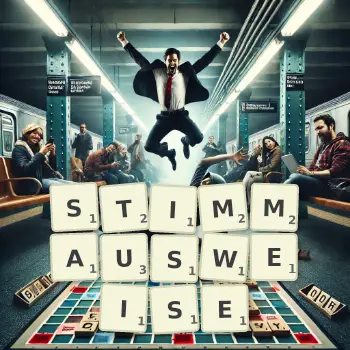 Kreative Illustration für ein Scrabble-Spiel, bei dem das Wort STIMMAUSWEISE mit Steinen auf dem Brett gelegt wurde.