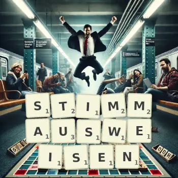 Kreative Illustration für ein Scrabble-Spiel, bei dem das Wort STIMMAUSWEISEN mit Steinen auf dem Brett gelegt wurde.