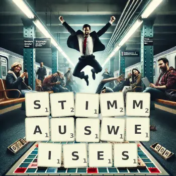 Kreative Illustration für ein Scrabble-Spiel, bei dem das Wort STIMMAUSWEISES mit Steinen auf dem Brett gelegt wurde.