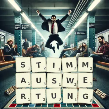 Kreative Illustration für ein Scrabble-Spiel, bei dem das Wort STIMMAUSWERTUNG mit Steinen auf dem Brett gelegt wurde.
