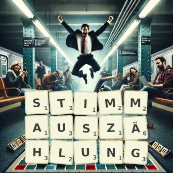 Kreative Illustration für ein Scrabble-Spiel, bei dem das Wort STIMMAUSZÄHLUNG mit Steinen auf dem Brett gelegt wurde.