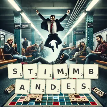 Kreative Illustration für ein Scrabble-Spiel, bei dem das Wort STIMMBANDES mit Steinen auf dem Brett gelegt wurde.