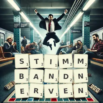 Kreative Illustration für ein Scrabble-Spiel, bei dem das Wort STIMMBANDNERVEN mit Steinen auf dem Brett gelegt wurde.