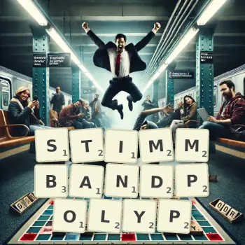 Kreative Illustration für ein Scrabble-Spiel, bei dem das Wort STIMMBANDPOLYP mit Steinen auf dem Brett gelegt wurde.