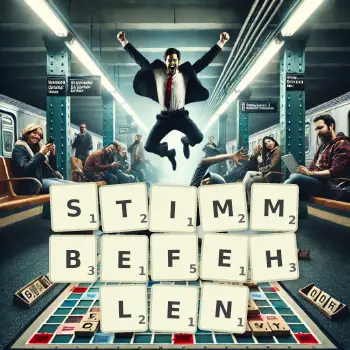 Kreative Illustration für ein Scrabble-Spiel, bei dem das Wort STIMMBEFEHLEN mit Steinen auf dem Brett gelegt wurde.